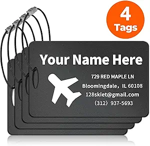 4 PCS Personalized Luggage Tags, Engraved Aluminum Luggage Tag, Custom Luggage Tag for Bag Id, Custom Suitcase Tag, Backpack Tag, Personalized Name Tags for Travel (Black)