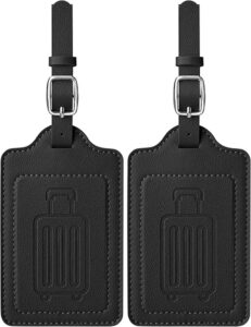 Teskyer Leather Luggage Tags for Suitcases, TSA Approved Luggage Tag with Privacy Protect Flap Cover, 2 Pack, Black