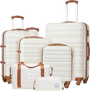 LONG VACATION Luggage Set 4 Piece Luggage ABS hardshell TSA Lock Spinner Wheels Luggage Carry on Suitcase (WHITE-BROWN, 6 piece set)